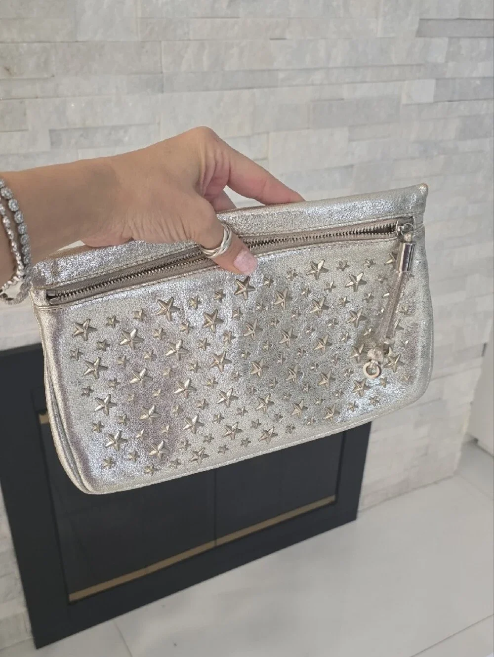 Jimmy Choo Metallic Silver And Gold Star-Studded Wristlet Clutch